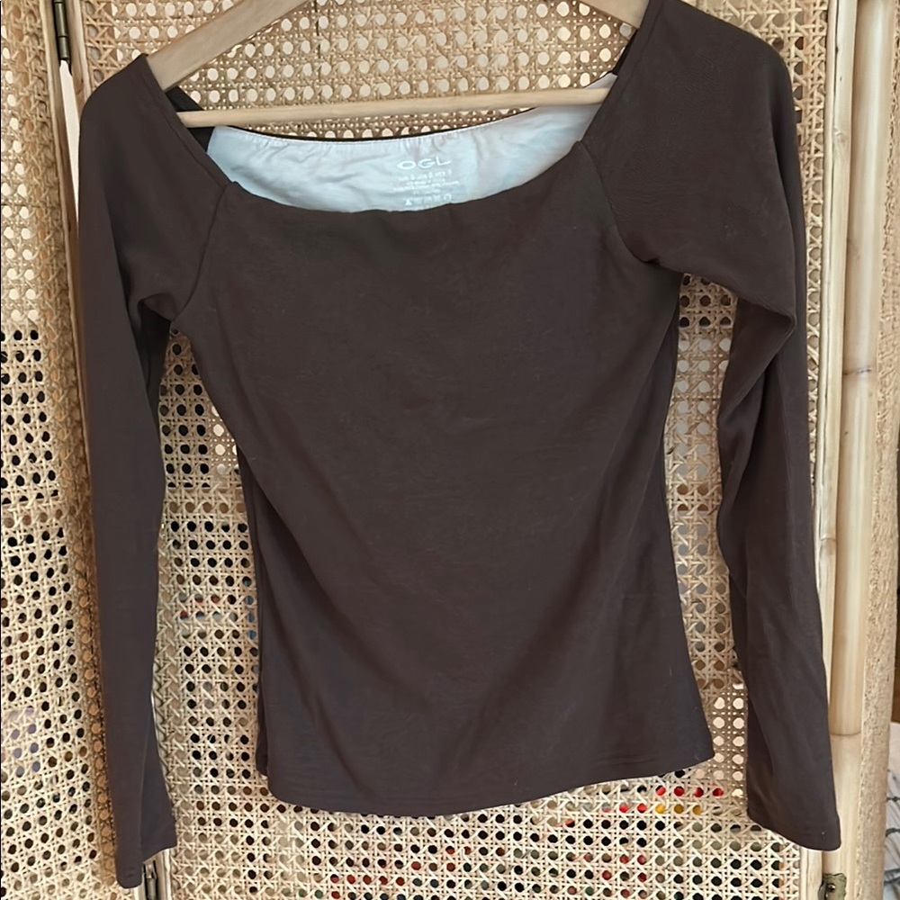 Brown Long Sleeve Top with Built In Bra